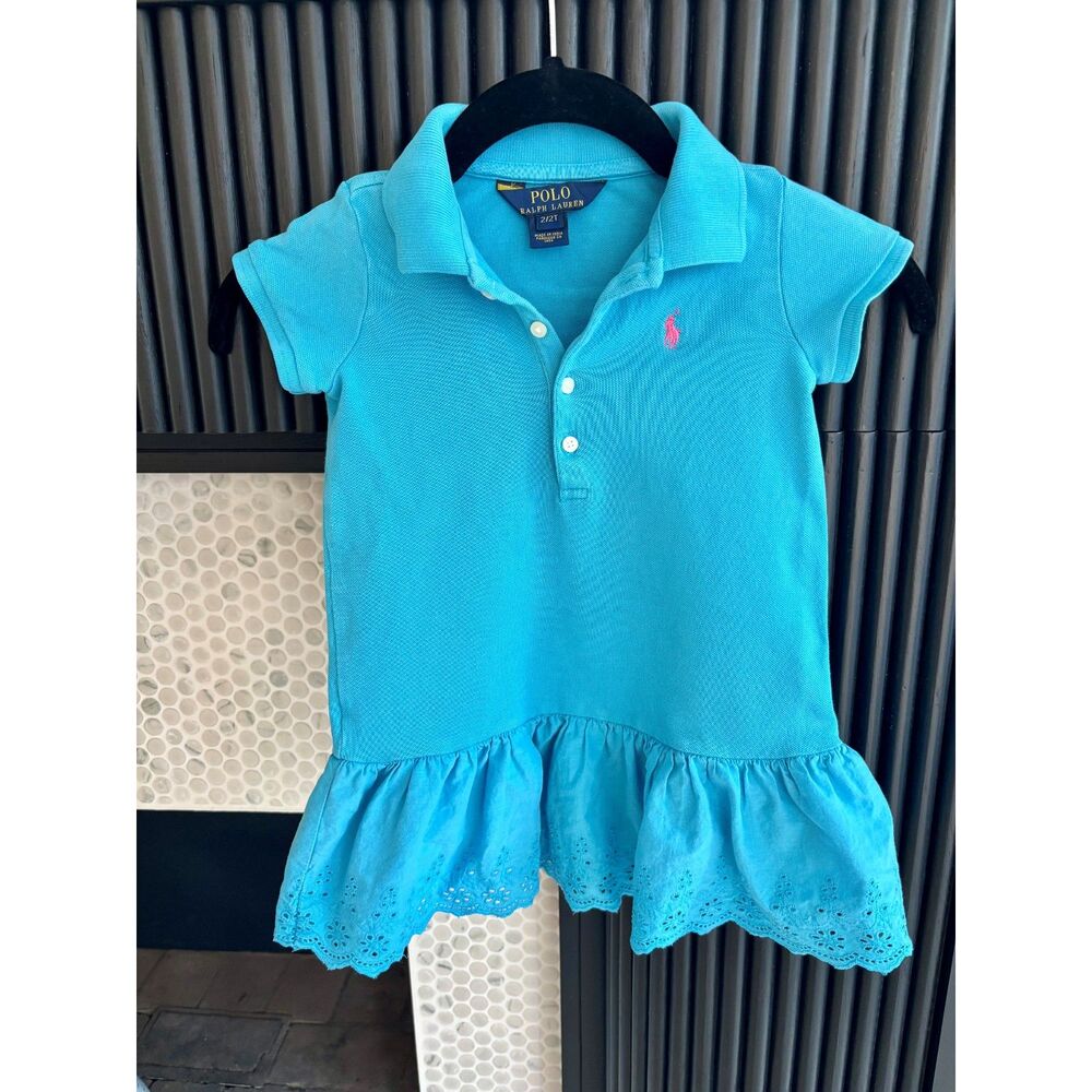 Polo Ralph Lauren Toddler Dress 2/2T Blue Polo Ruffle Eyelet Hem